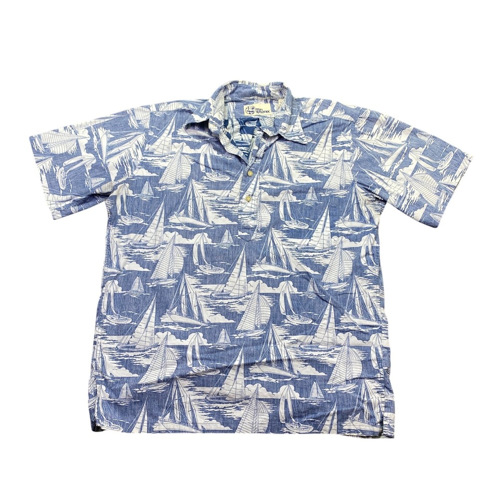 Reyn Spooner Mens Small Blue White Sailboat Print Cotton Pullover Aloha Shirt